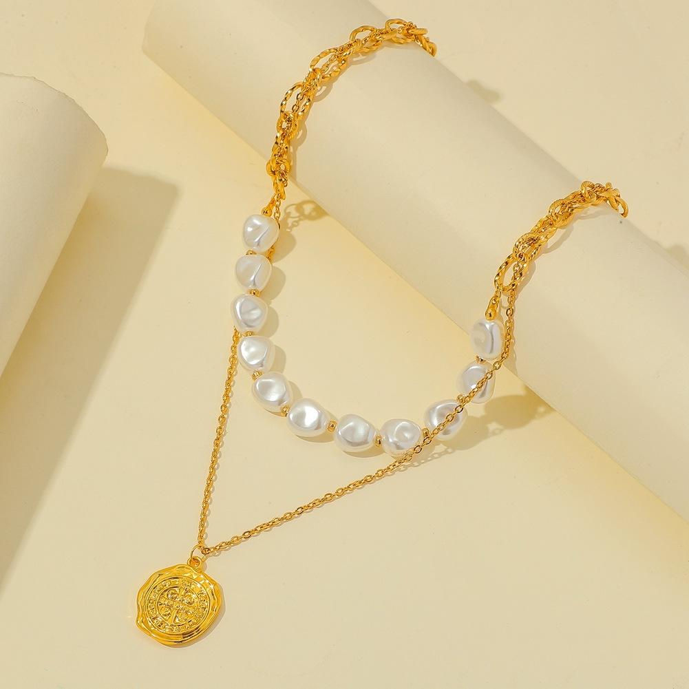 Fashion stainless steel double-layer Roman astrolabe necklace titanium steel pearl collarbone chain cold jewelry for women