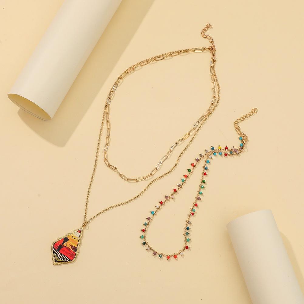 Personalized bohemian colorful rice bead necklace creative wooden retro pattern pendant three-layer necklace trendy