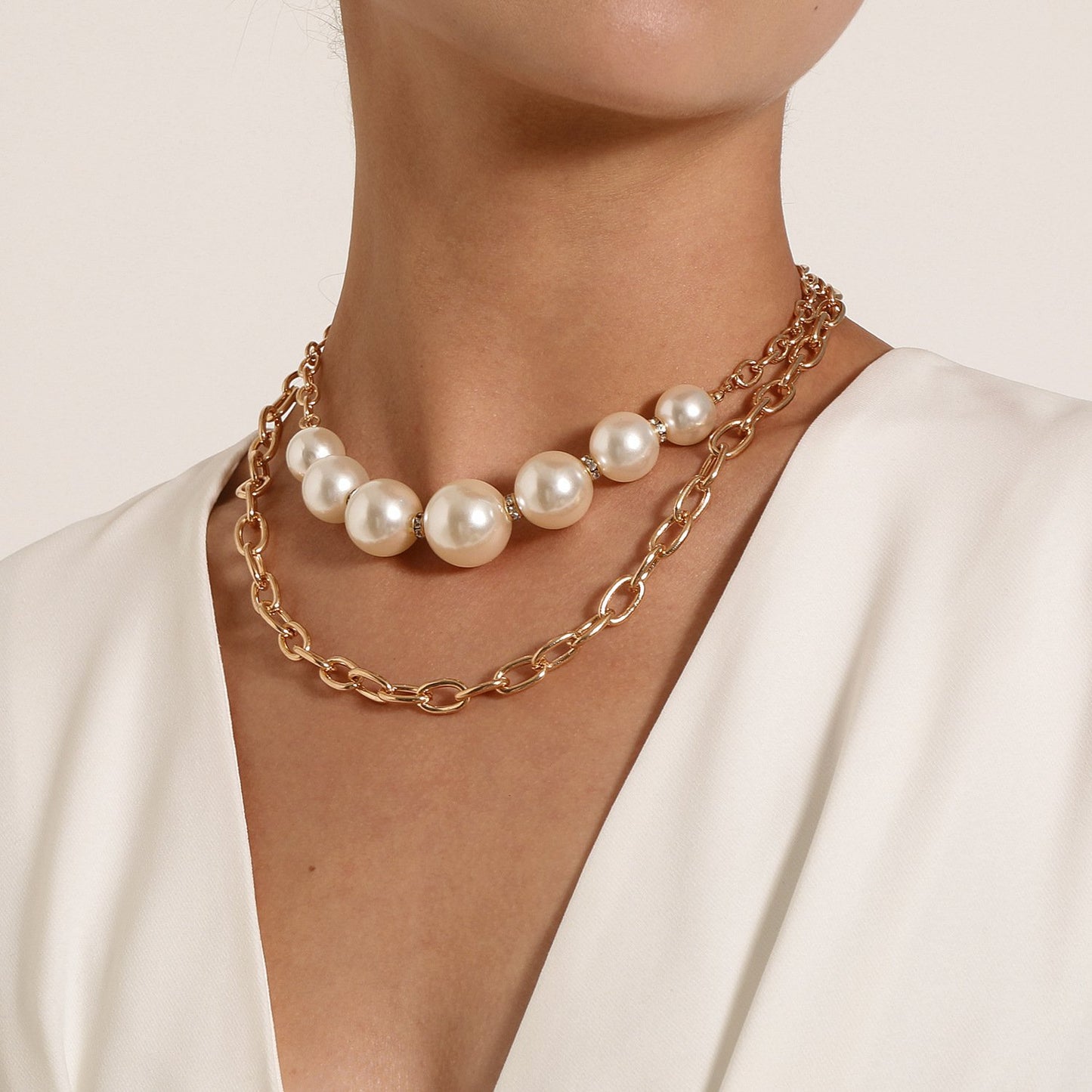 Jewelry diamond-studded large pearl multi-layer necklace female personality retro exaggerated punk chain necklace