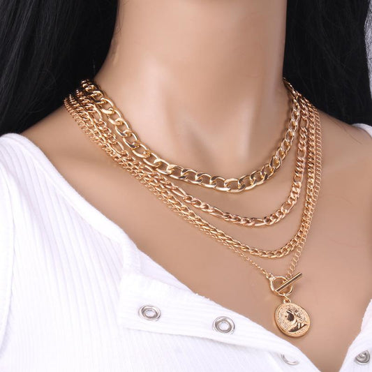 Jewelry Retro Simple Geometric Hollow Chain Necklace Fashion Portrait Metal Aluminum Chain Clavicle Chain