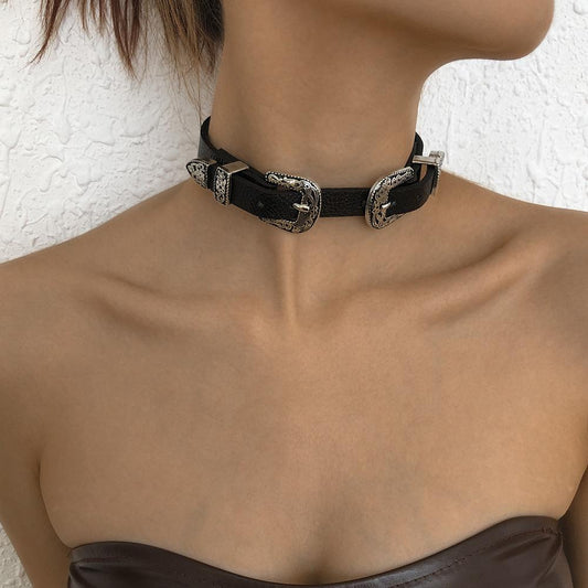 N9556 Street Shot Exaggerated Necklace Personality Neck Leather Necklace Metal Buckle Fashion Choker