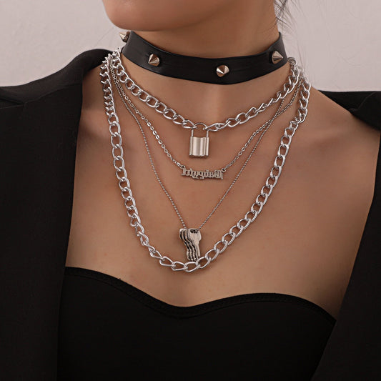 Jewelry PU leather punk rivet multi-layer necklace ladies English letter lock pendant necklace