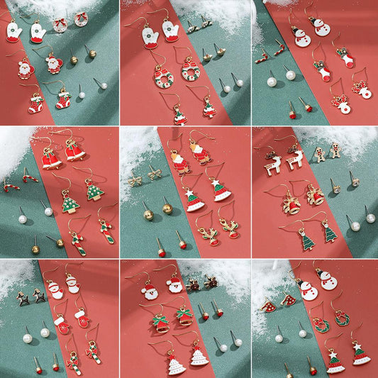 Christmas series snowflake bell earrings combination set cartoon oil dripping cane old man earrings female