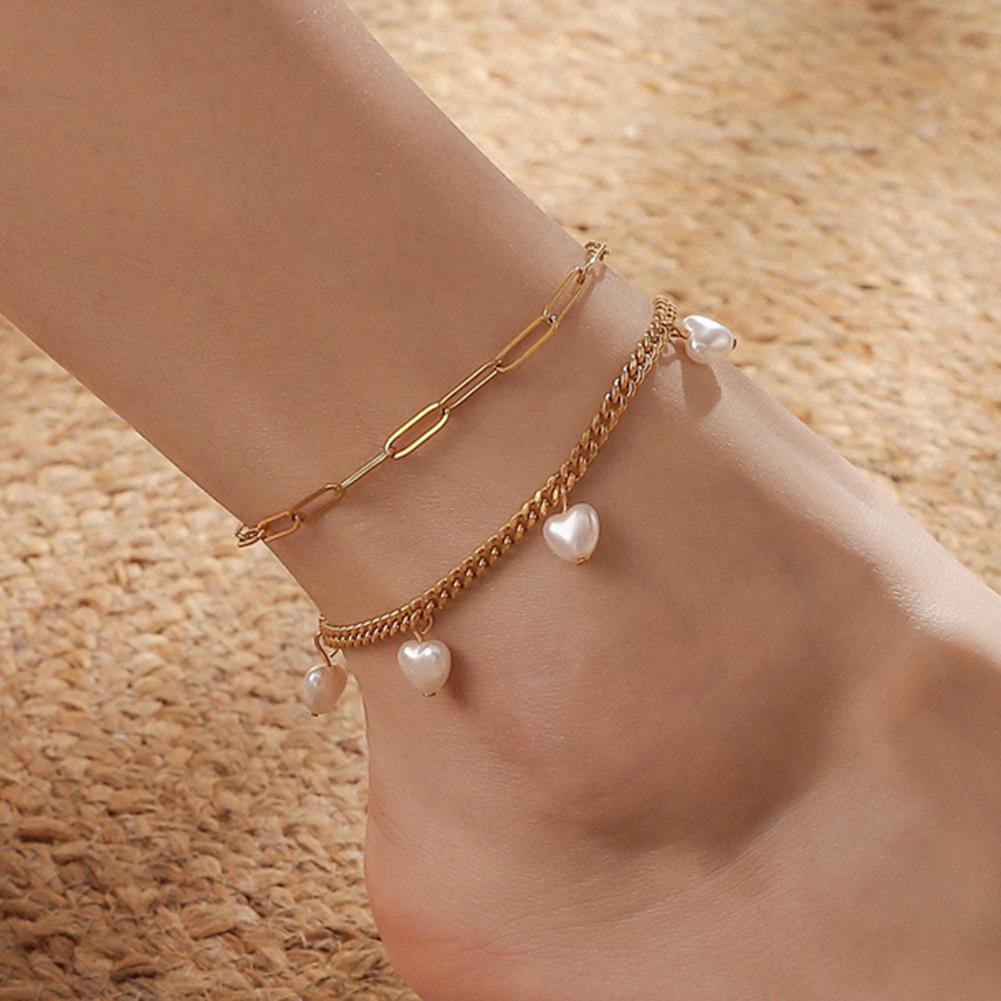 Fashion Small Fresh Stainless Steel Gold Double Layer Love Pearl Anklet Titanium Steel 18k Gold Plated Jewelry Women