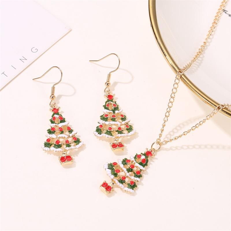 Christmas Colored Cartoon Jewelry Cute Drip Oil Christmas Tree Earrings Necklace Set Ornaments