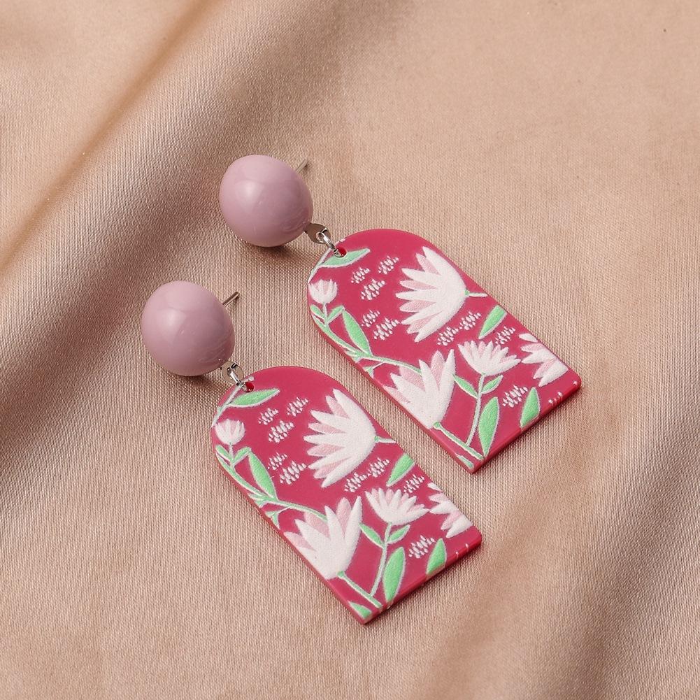Acrylic plate printing pink lotus earrings personality simple art design sense versatile earrings