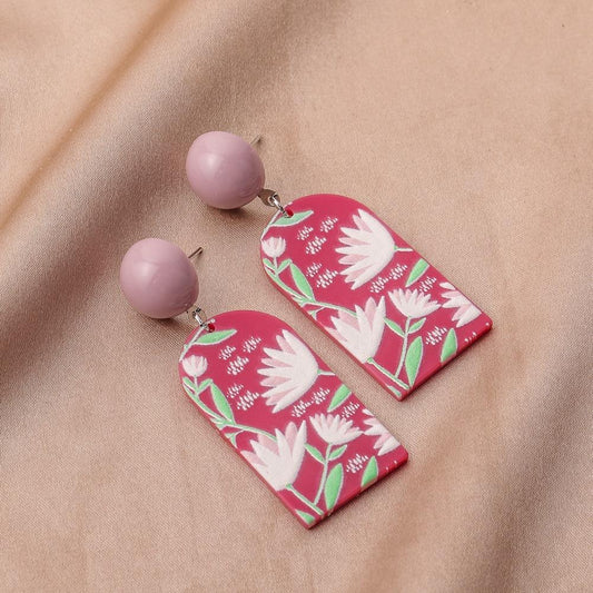 Acrylic plate printing pink lotus earrings personality simple art design sense versatile earrings