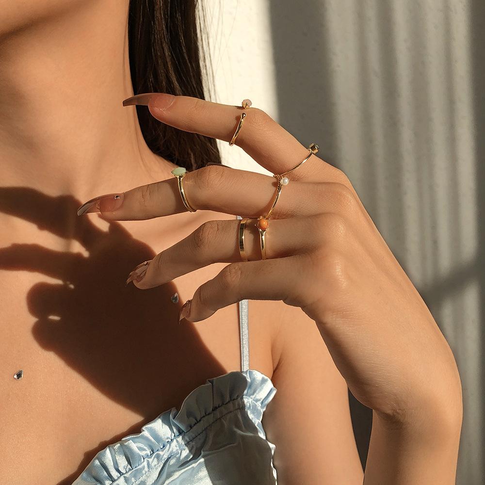 R664 Popular Hand Jewelry Niche Indifferent Temperament Ring Diamond Pearl Geometric Ring Set