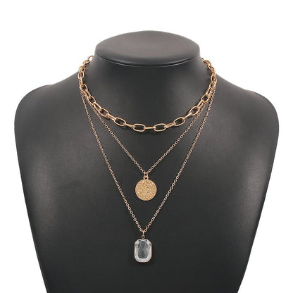 N9832 Multilayered Necklace Metal Chain Disc Geometric Necklace Exaggerated Geometric Fashion Necklace