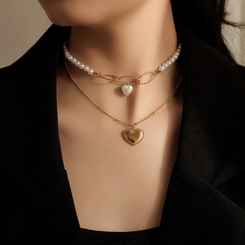 Young luxury accessories temperament niche pearl clavicle chain love love pendant double layer necklace necklace