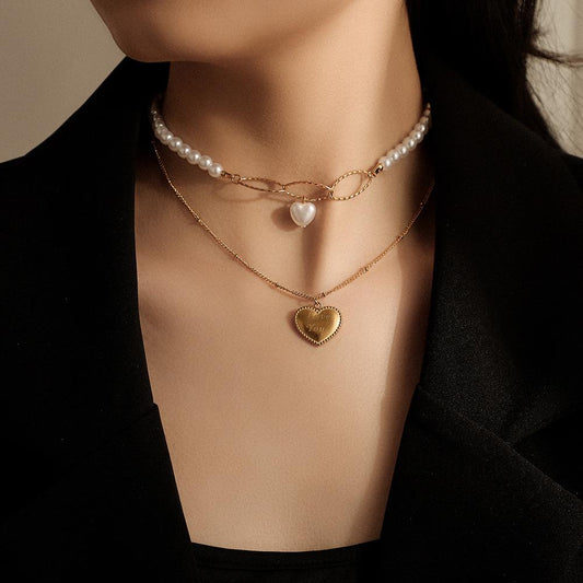 Young luxury accessories temperament niche pearl clavicle chain love love pendant double layer necklace necklace