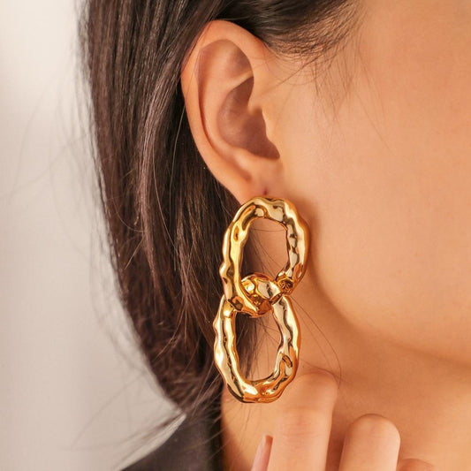 Autumn and winter fashion CCB exaggerated double-ring earrings 18K gold metal texture hip-hop chain earrings