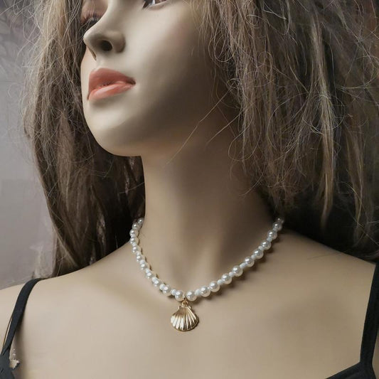 Specially for round imitation pearl necklace scallop coin head necklace jewelry lock clavicle chain female