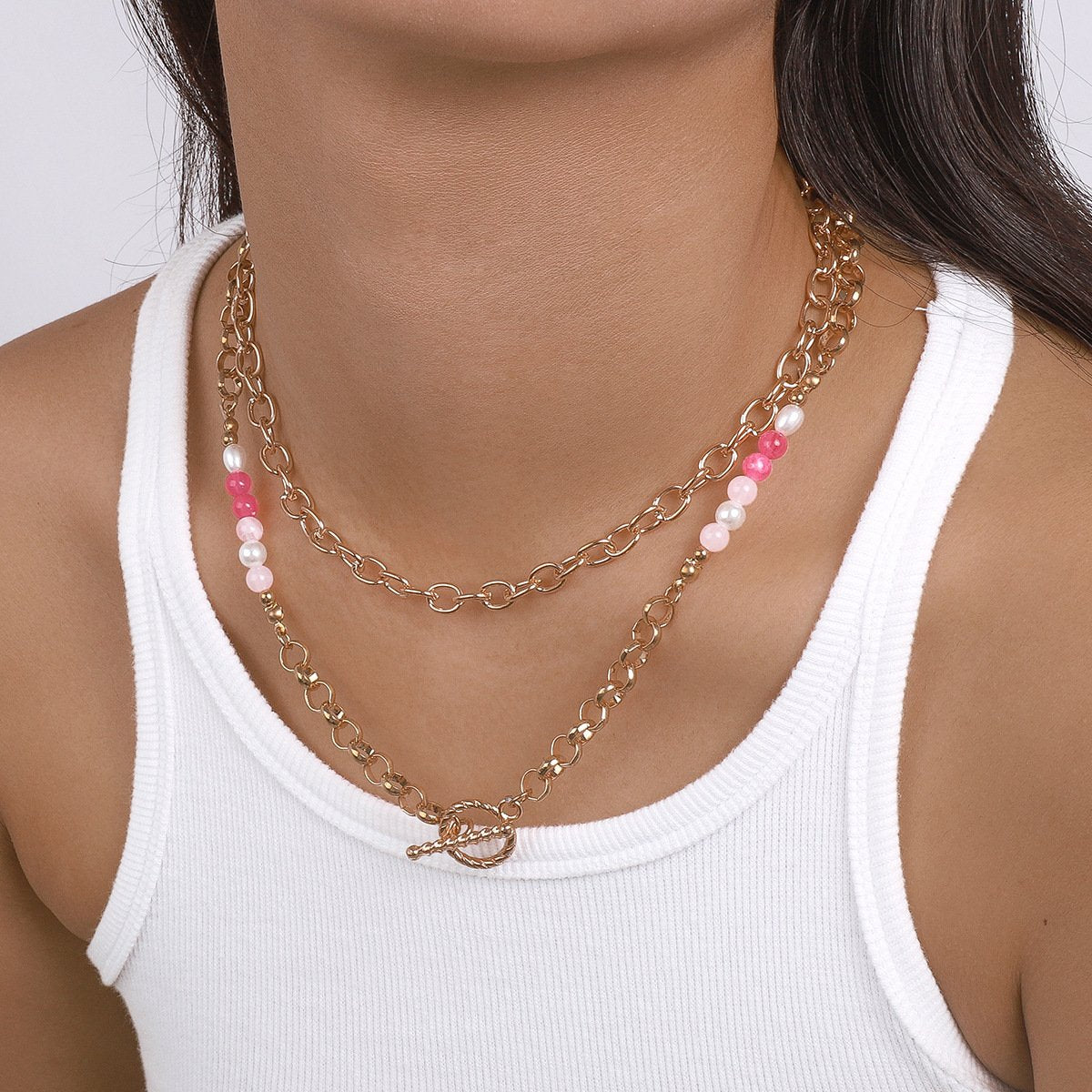 N1582 Niche Double O-chain Clavicle Necklace Imitation Pearl Metal Exaggerated Simple Hong Kong Necklace Women