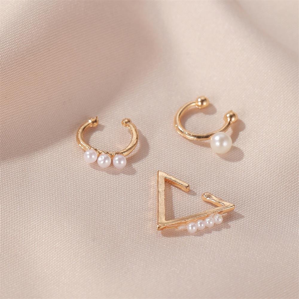 Temperament three-piece ear clip hollow geometric pearl earrings earrings ear bone clip cold earrings