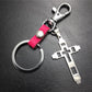 Grid Hollow Cross Stainless Steel Pendant Leather Keychain Couple Gift Small Gift