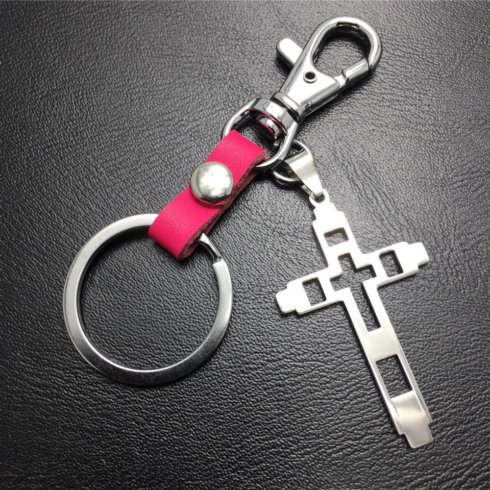 Grid Hollow Cross Stainless Steel Pendant Leather Keychain Couple Gift Small Gift