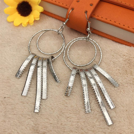 Simple round circle with multiple vertical stripes tassel earrings Yunnan minority fashion metal earrings