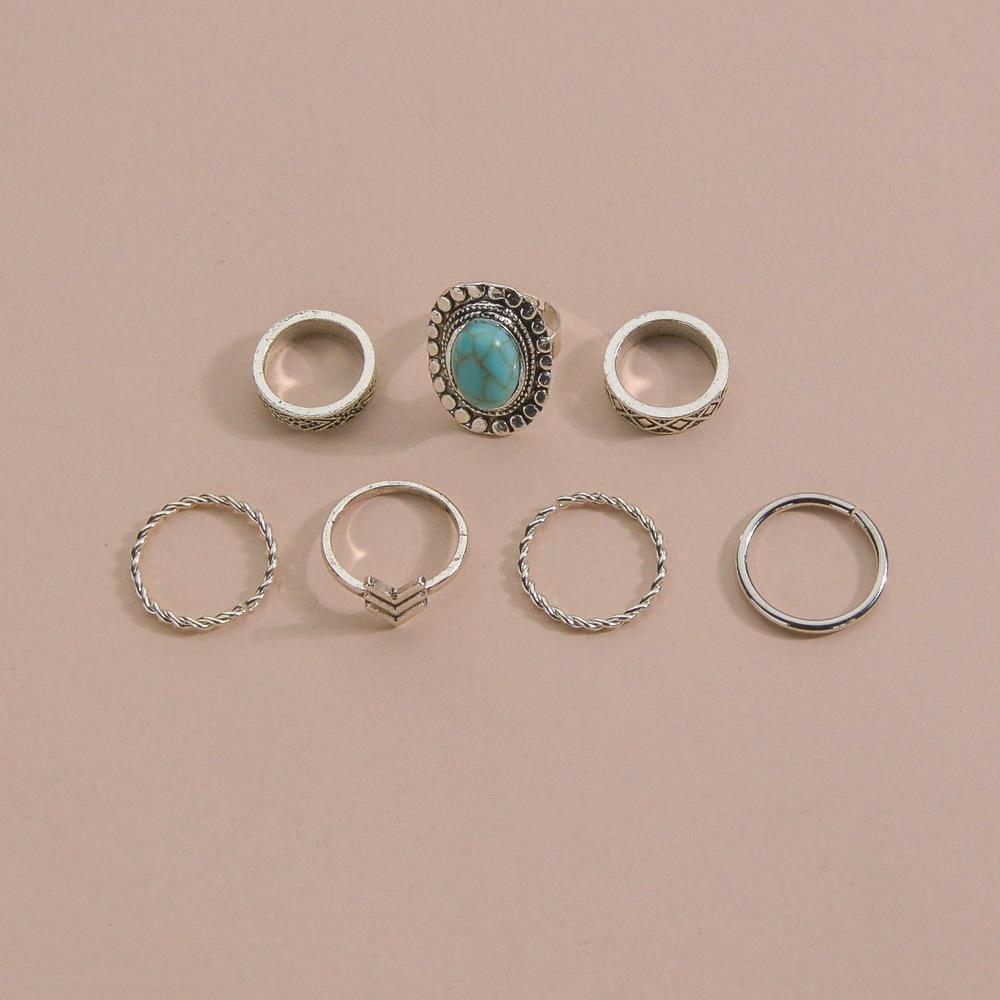 Vintage Ethnic Turquoise Ring Fashion Alloy Multi-Piece Knuckle Ring Finger Ring Accessories