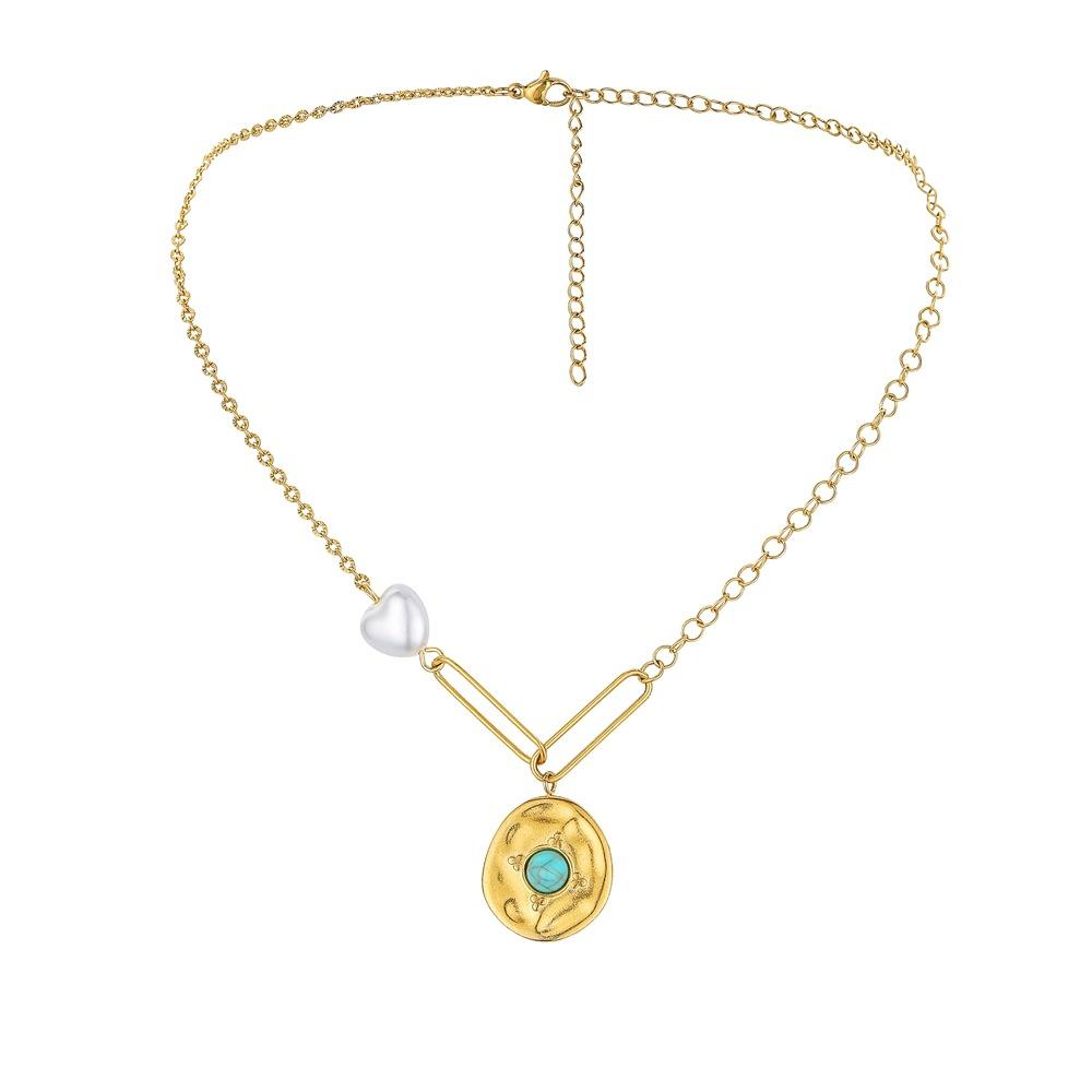 Fashion Simple Stainless Steel Gold Love Coin Pendant Titanium Steel Pearl Necklace Clavicle Chain Women