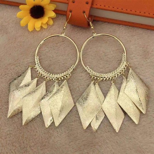 Rhombus Frosted Sequin Tassel Earrings Ethnic Metal Hoop Earrings Women Ear Jewelry