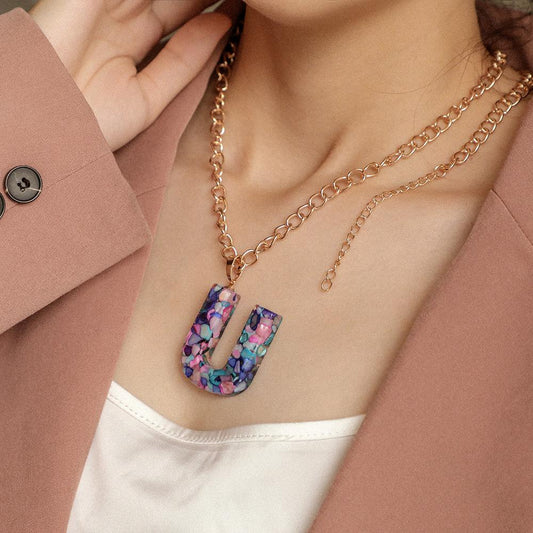 ins popular creative color letter pendant personality stone resin 26 English letters fashion necklace