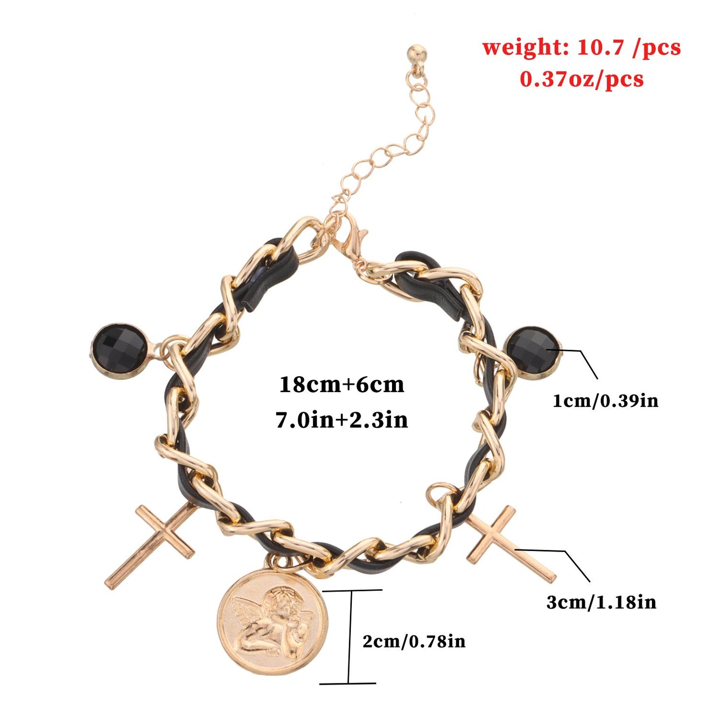 Jewelry multi-element cross angel disc gemstone bracelet women's thick chain leather personality bracelet