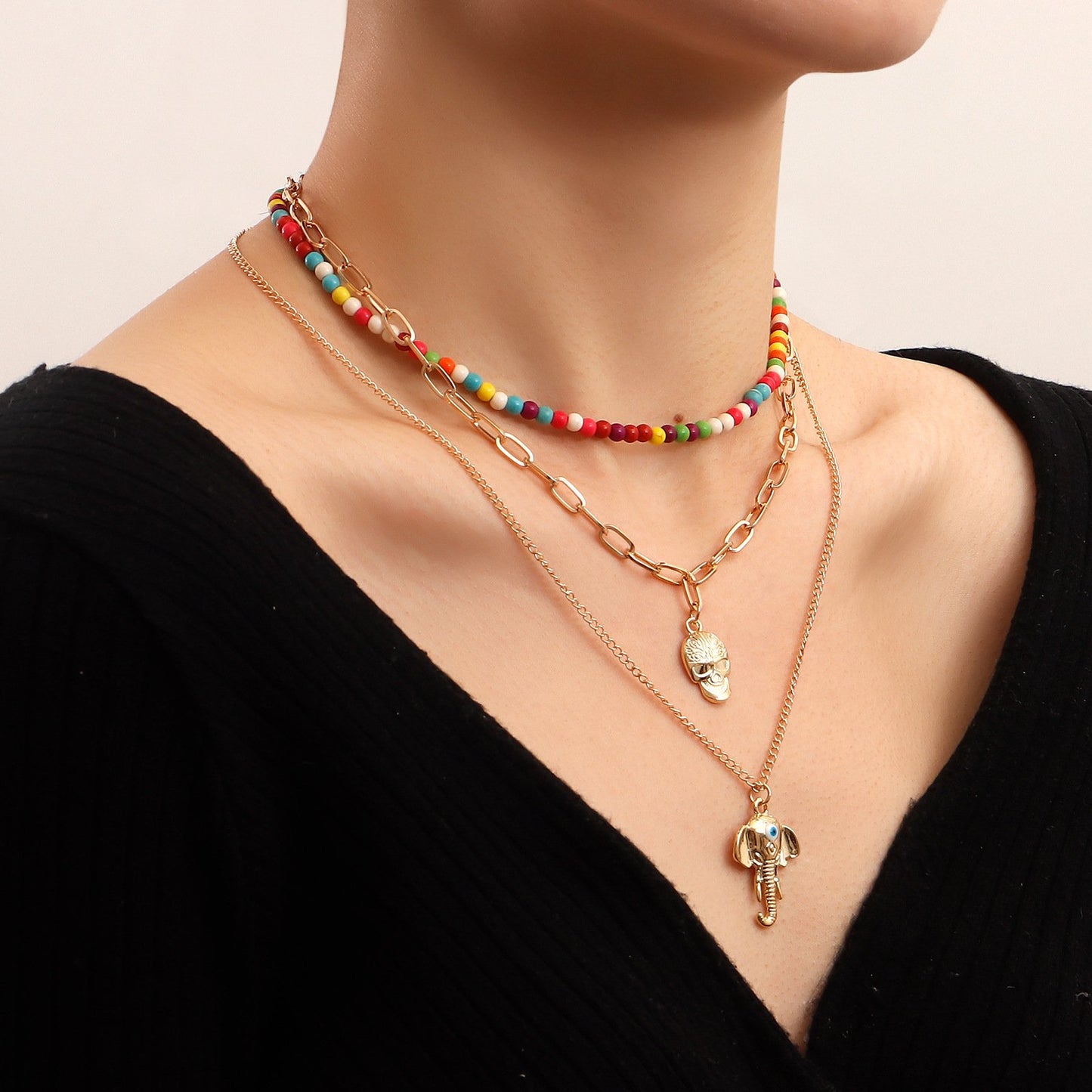 Jewelry trend multi-element color turquoise elephant nose pendant necklace female ins skull necklace