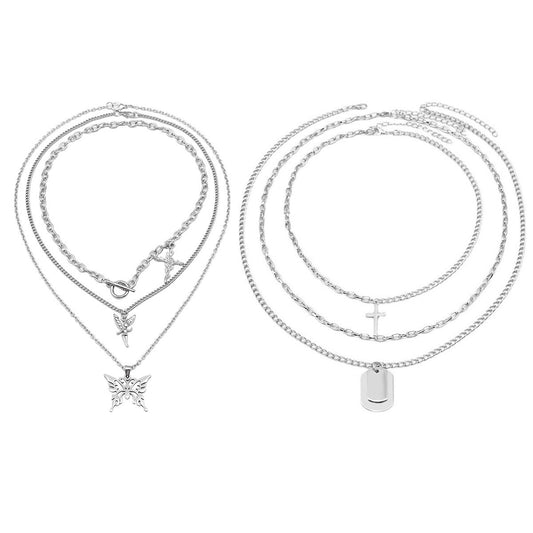 Hip-hop cross chain chain trendy street metal fashion design butterfly pendant clavicle chain multi-piece necklace