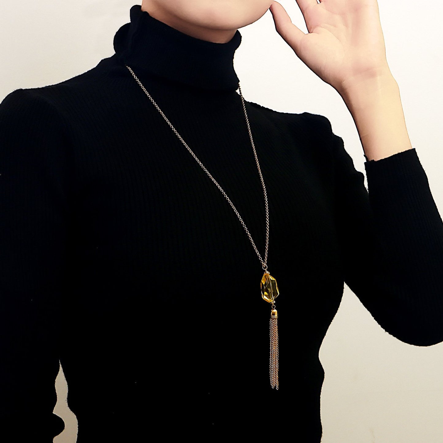 Jewelry Autumn and Winter Tassel Long Sweater Chain Advanced Sense Yellow Transparent Crystal Necklace Versatile
