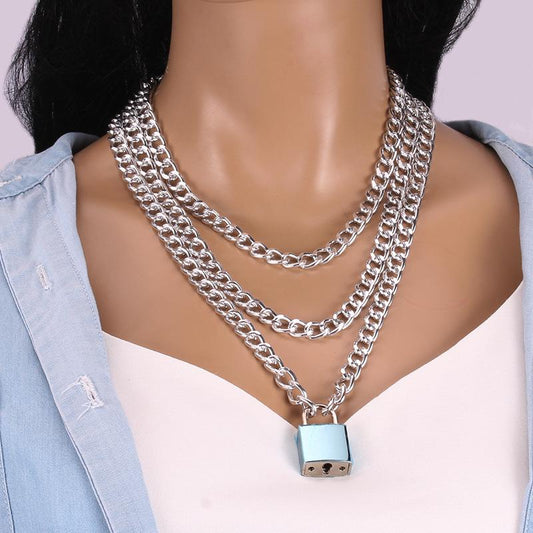 Ins cold fashion popular geometric multi-layer necklace trend padlock pendant clavicle chain female