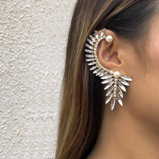 Jewelry Fashion Exaggerated Crystal Pearl Diamond Earrings Personality Geometric Leaf Ear Bone Clip Earrings