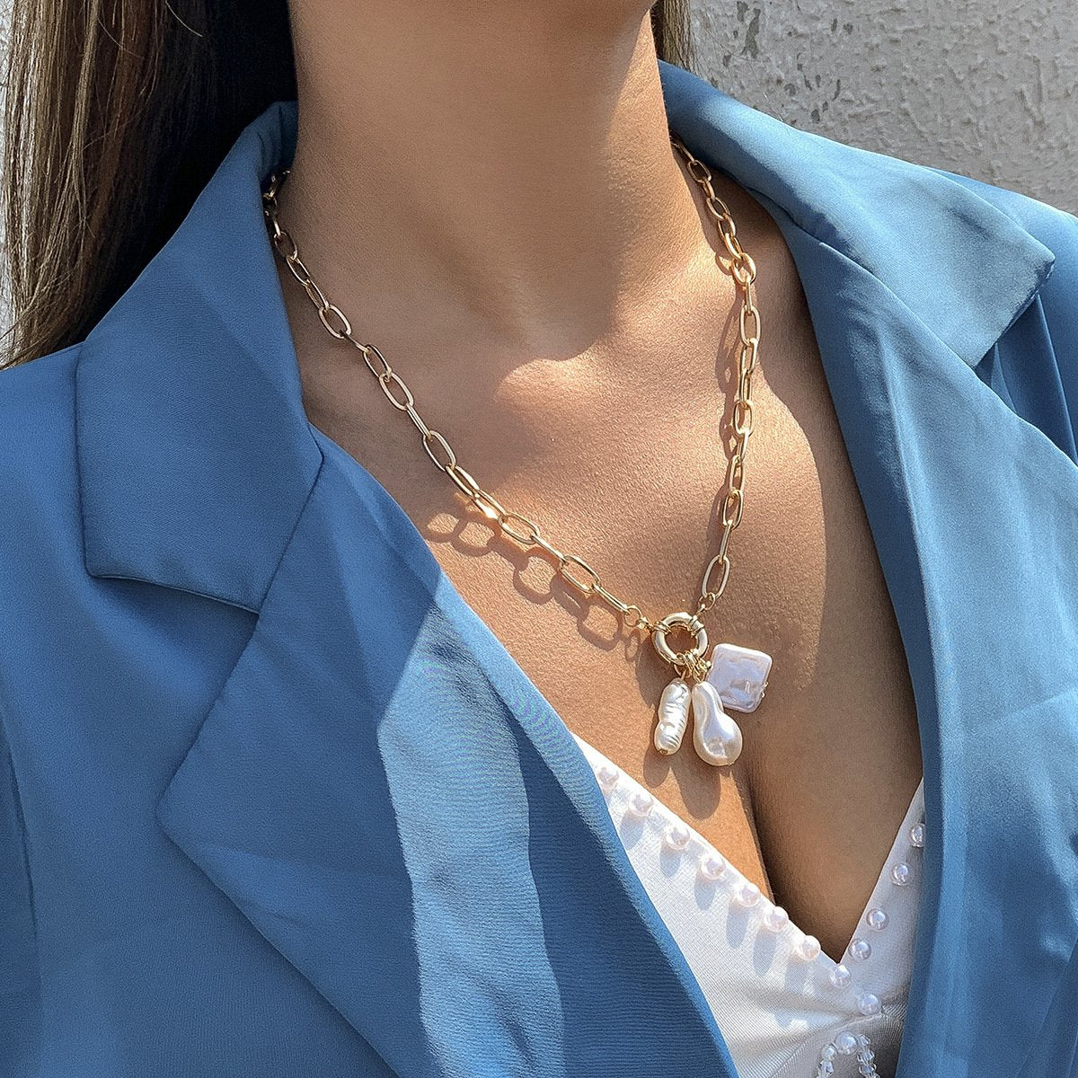 Jewelry Temperament Baroque Imitation Pearl Necklace Female Hip Hop Retro Metal Chain Clavicle Necklace