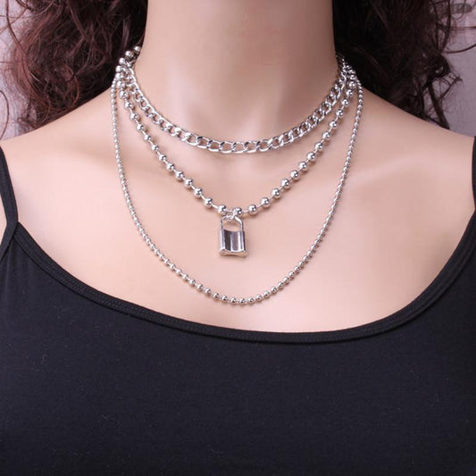 Beauty Jewelry Punk Exaggerated Blade Necklace Women's Fashion Retro Multi-layer Aluminum Chain Bead Lock Necklace