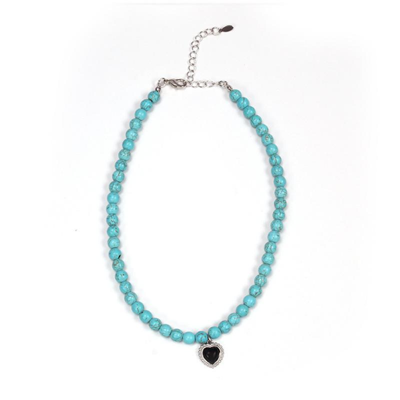 Summer Jewelry Black Agate Heart Pendant Clavicle Bohemian Turquoise Color Preserving Necklace