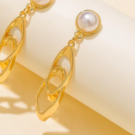 Earrings Jewelry Temperament Pearl Simple Geometric Double Oval Metal Earrings Advanced Sense Versatile Earrings