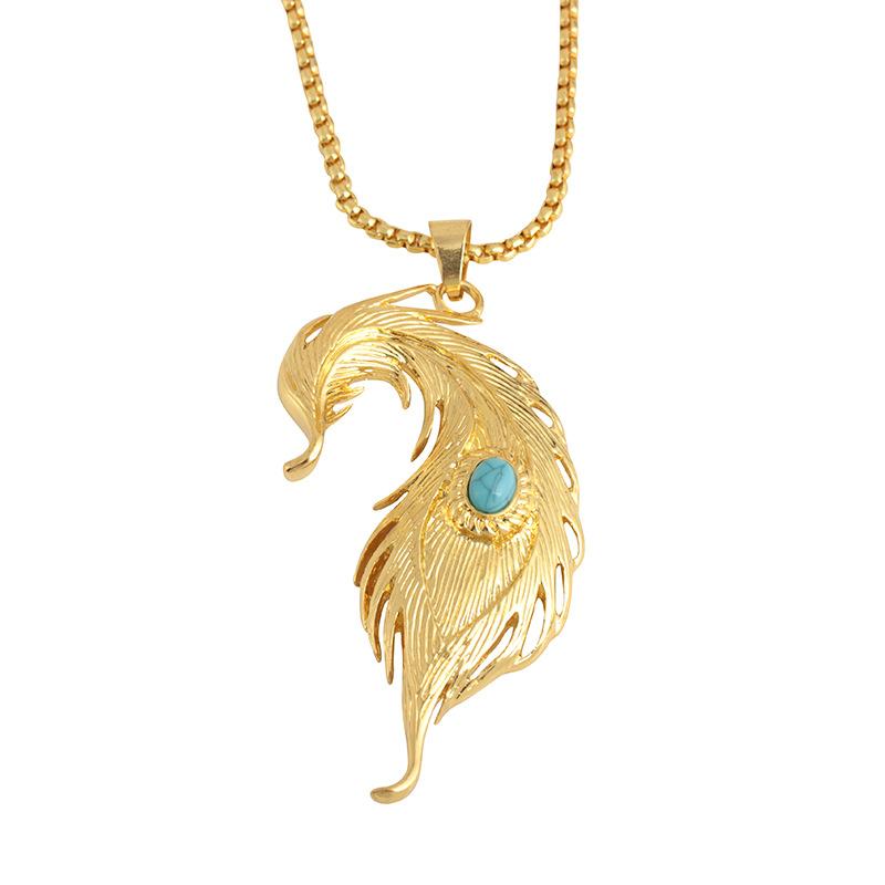 Feather Turquoise Pendant Hiphop Necklace Men