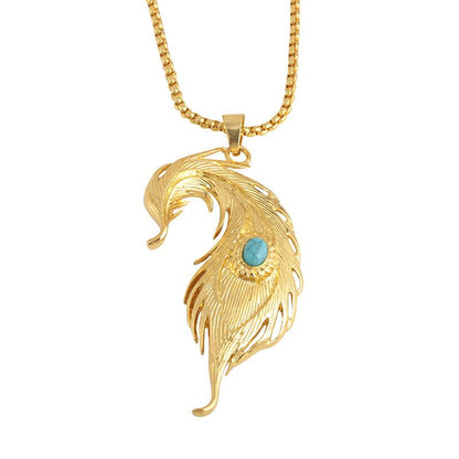 Feather Turquoise Pendant Hiphop Necklace Men