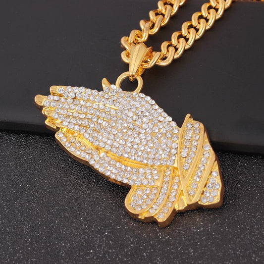 Hip-hop Hiphop prayer palm studded diamond necklace tide brand hip-hop jewelry