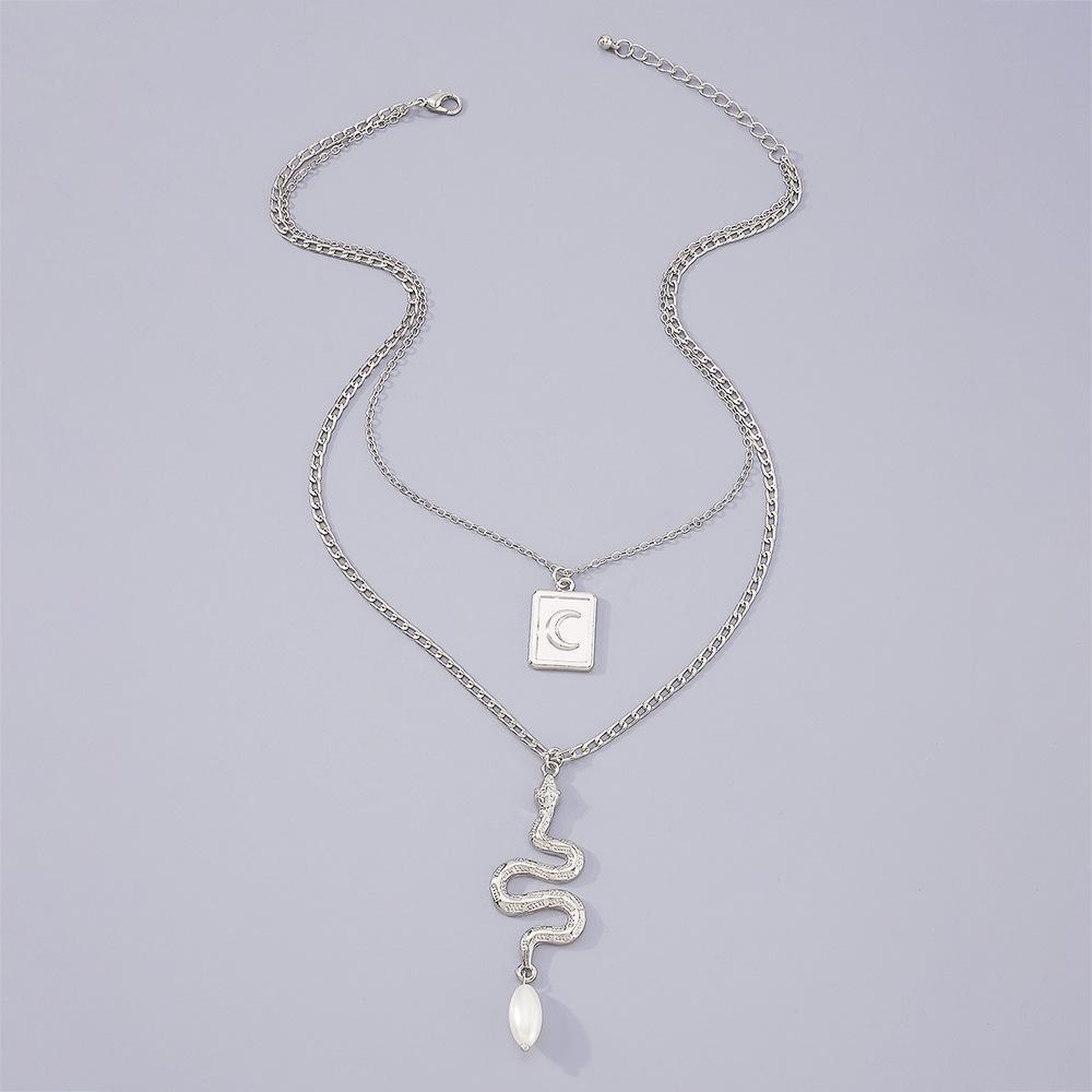 N9829 Double Layered Necklace Geometric Serpentine Square Card Pendant Necklace Simple Retro Creative Necklace Women