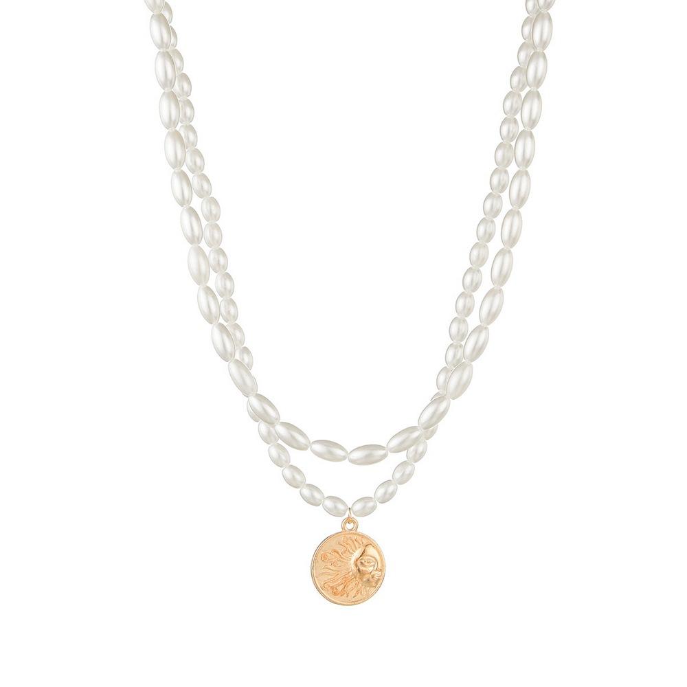 Elegant Temperament Double Imitation Pearl Necklace Fashion Alloy Sun Pendant Necklace Accessories