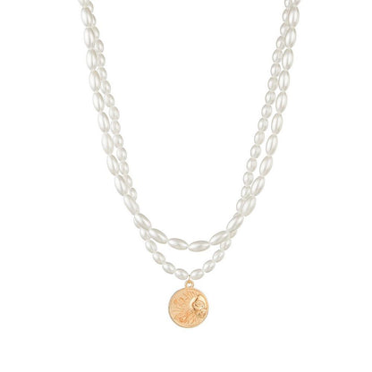 Elegant Temperament Double Imitation Pearl Necklace Fashion Alloy Sun Pendant Necklace Accessories