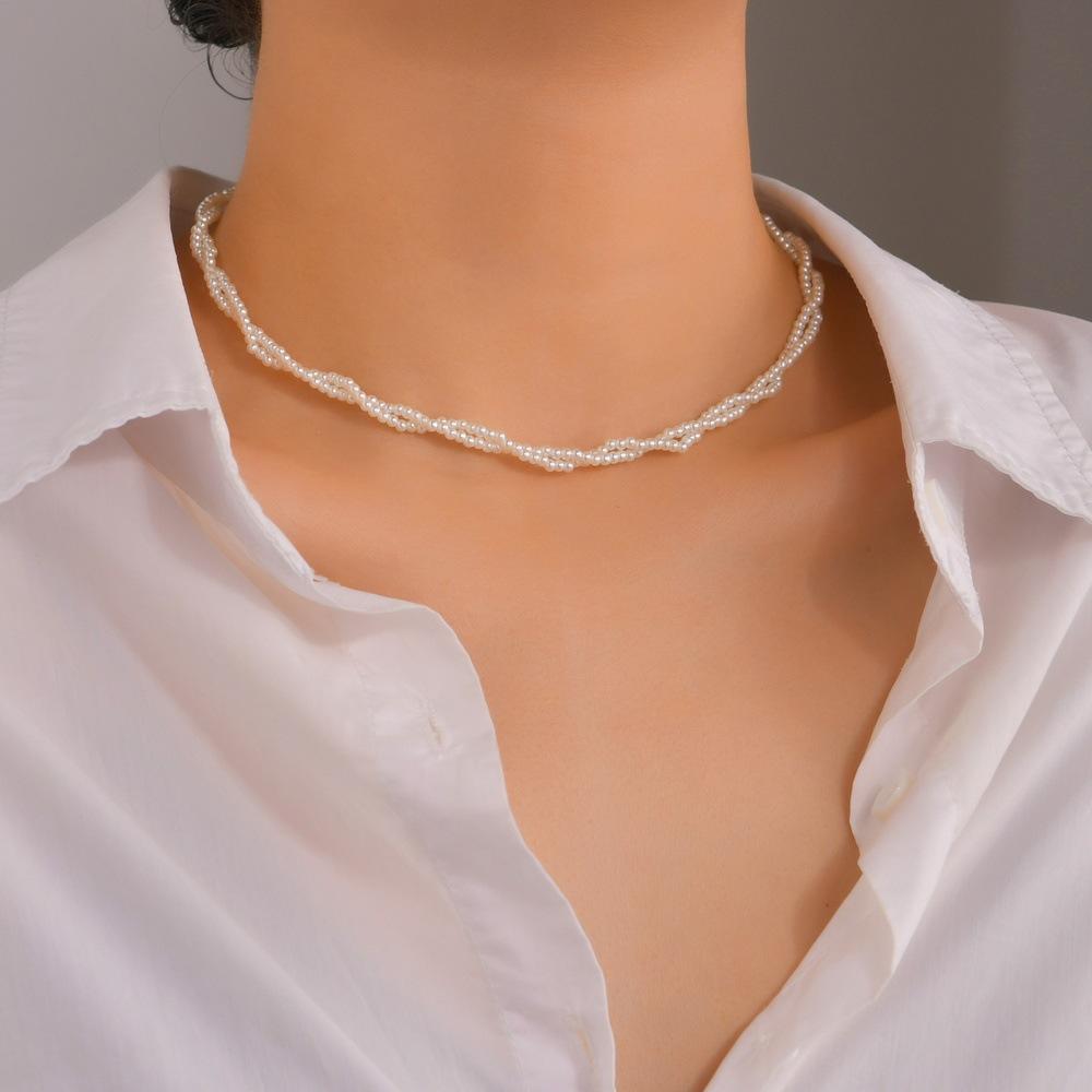 Fashionable millet grain imitation pearl braided twist winding temperament double layer short necklace collarbone necklace