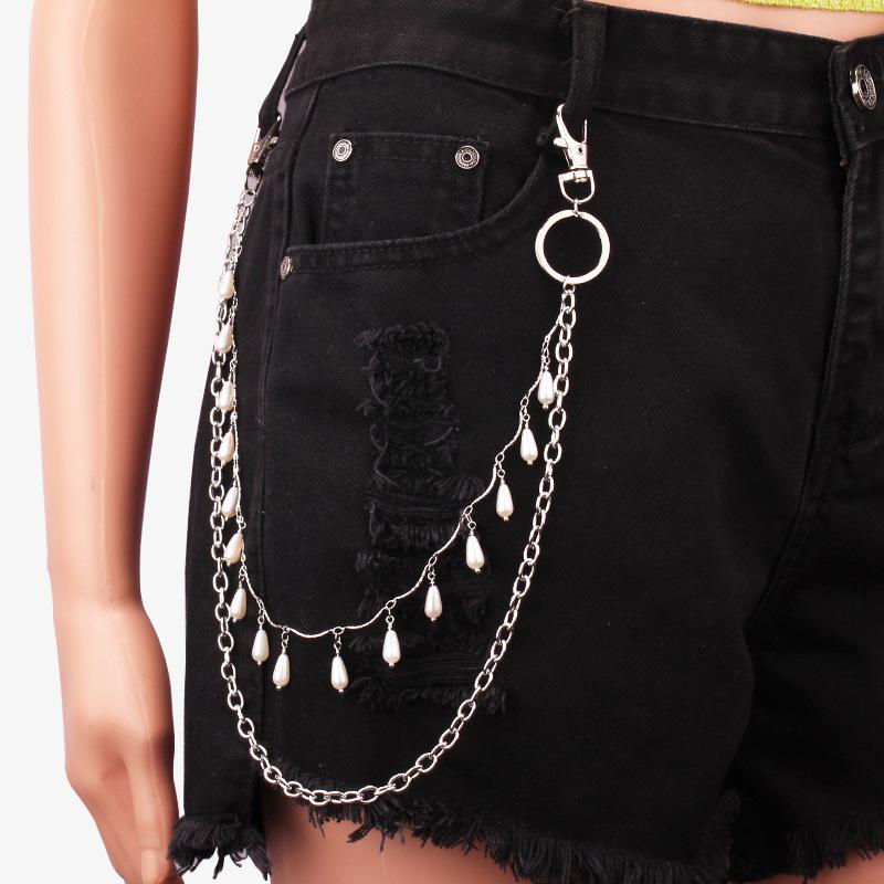Trouser chain double-layer drop-shaped imitation pearl embellished with personalized geometric retro fashion all-match jeans
