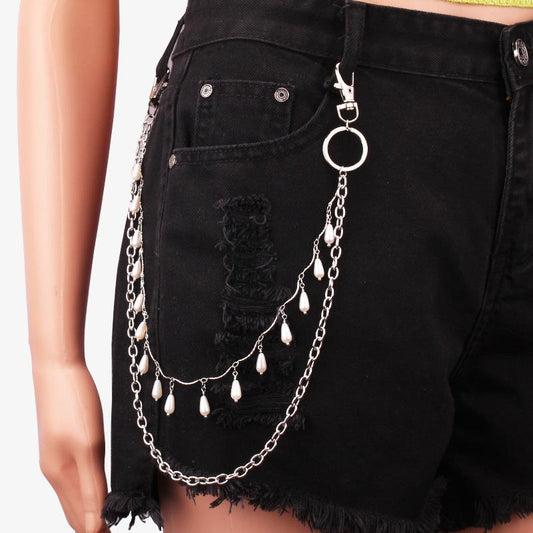 Trouser chain double-layer drop-shaped imitation pearl embellished with personalized geometric retro fashion all-match jeans