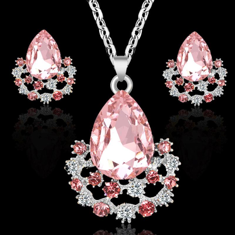 Fashion Jewelry Set Simple Water Drop Crystal Gem Pendant Necklace Earrings Stud Set Female Jewelry