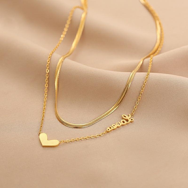 Niche design sense titanium steel double-layer heart-shaped necklace simple love love stainless steel clavicle chain jewelry female