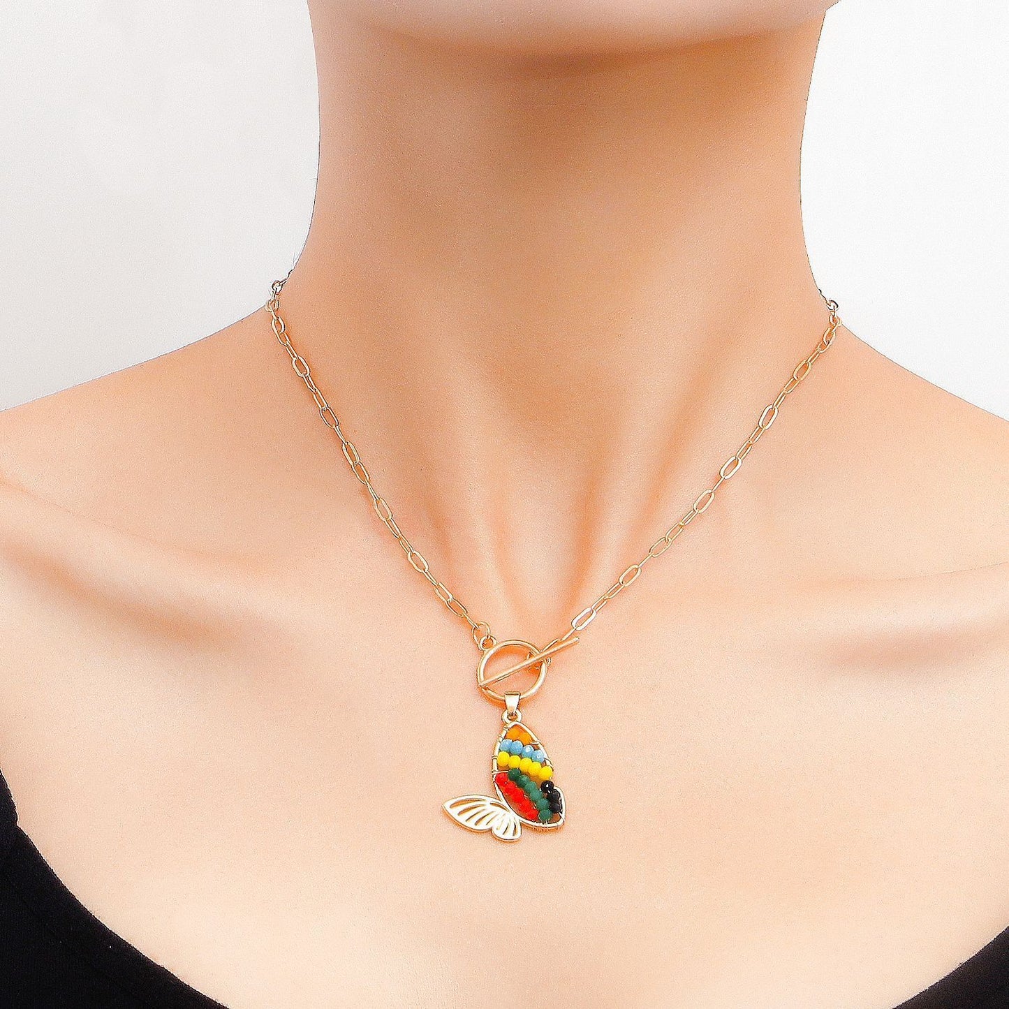 Jewelry Colorful Butterfly Pendant Necklace Sweater Chain Women's Versatile Fashion Advanced Design Sense Necklace