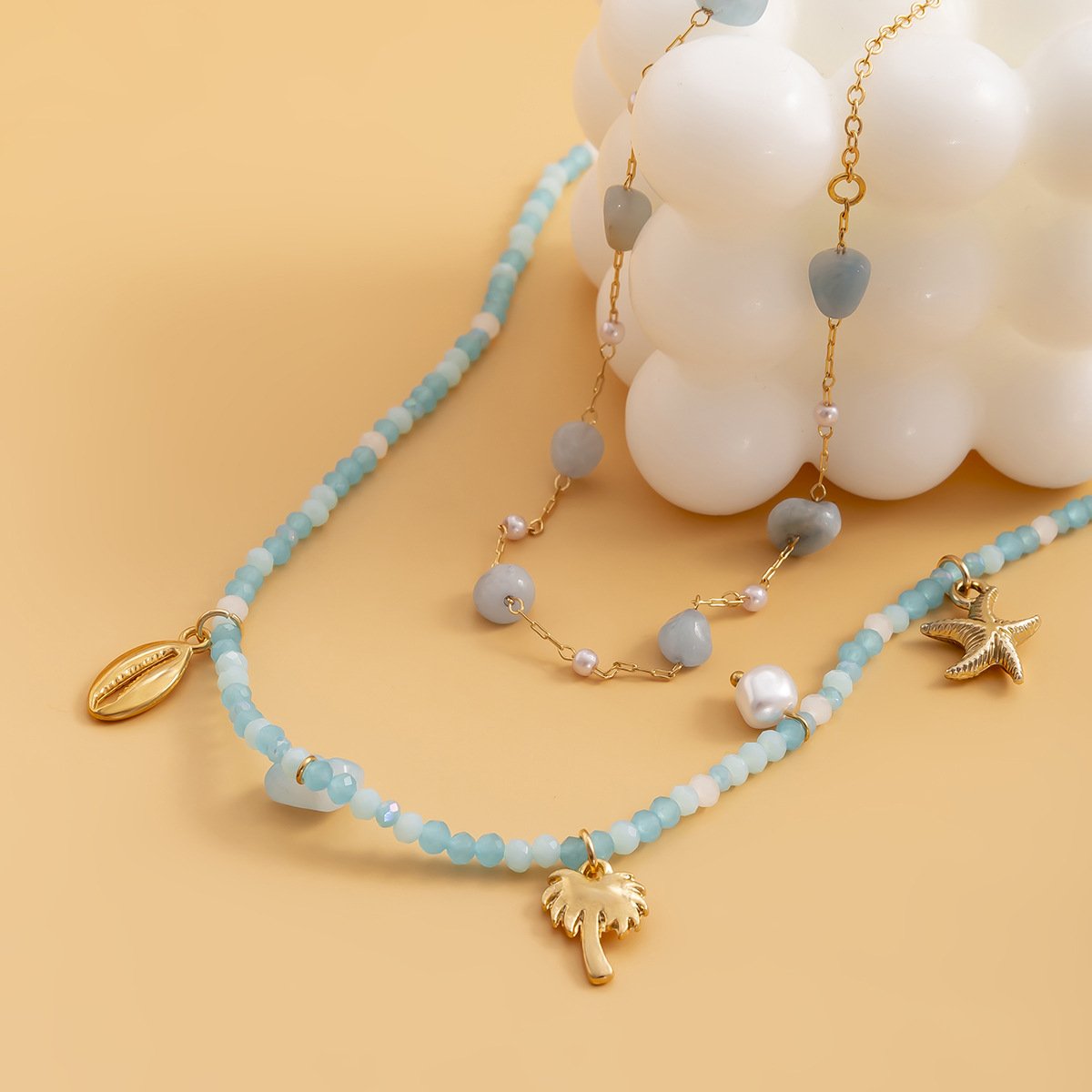 Jewelry simple double-layer imitation crystal pendant women's creative irregular shell gravel mix and match necklace