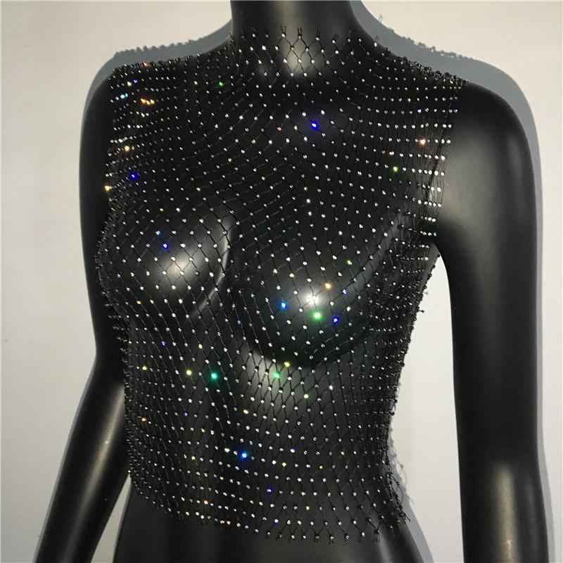 Sexy Flashing Diamond Fishnet Vest Body Chain Trendy Hollow Perspective Diamond Grid Sleeveless Top